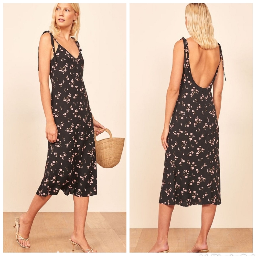 Reformation Black Floral Midi Dress with Pink Blossoms